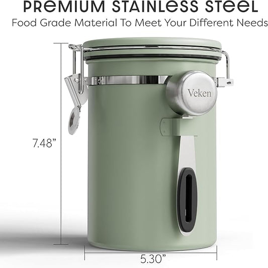 Veken Coffee Canister with Window, Airtight Stainless Steel Kitchen Food Storage Container with Lids, Date Tracker and Scoop for Ground, Beans, Tea, Flour, Cereal, Sugar Jars, 22OZ, Green