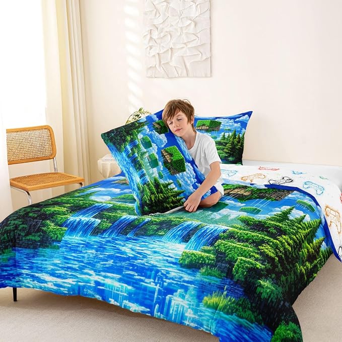 Manfei Pixelated Games Full Size Comforter Set,Pixel Grid Gamepad Bedding Comforters Bedroom Collection,Abstract Geometric Duvet Insert,Army Camo Room Decor 3 Pcs Bedding Set for Girls Teens