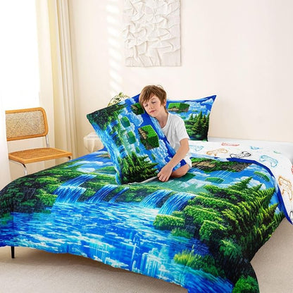 Manfei Pixelated Games Full Size Comforter Set,Pixel Grid Gamepad Bedding Comforters Bedroom Collection,Abstract Geometric Duvet Insert,Army Camo Room Decor 3 Pcs Bedding Set for Girls Teens
