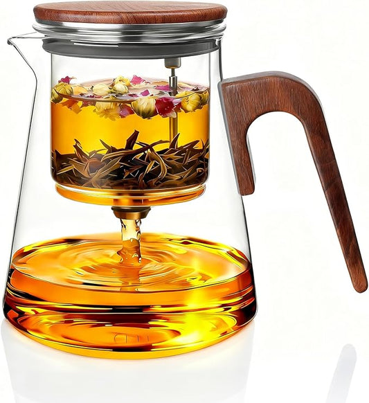 ZENS Magnetic Tea Pot, Enchanted Glass Teapot with Infuser and Magnetic Suction Lid for Mess-Free Loose Tea Diffusers, Walnut Wood Handle, Tea Lovers Gifts