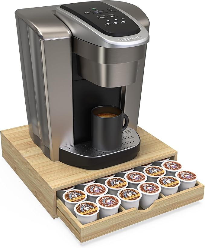 Bamboo Coffee Pod Drawer Organizer Compatible with K-Cups, Under Cabinet Coffee Station Storage Rack, Natural Wood Capsule Holder for 36 Pods, Countertop Coffee Machine Stand