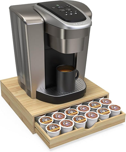 Bamboo Coffee Pod Drawer Organizer Compatible with K-Cups, Under Cabinet Coffee Station Storage Rack, Natural Wood Capsule Holder for 36 Pods, Countertop Coffee Machine Stand