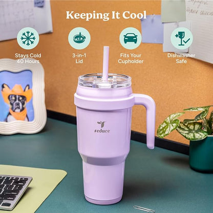 REDUCE Cold1 40 oz Tumbler with Handle - Vacuum Insulated Stainless Steel Water Bottle for Home, Office or Car, Reusable Mug with Straw or Leakproof Flip Lid, Keeps Drinks Cold All Day- Oahu Blue