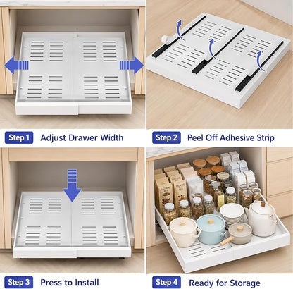 Expandable Pull Out Cabinet Organizer, No-Drill Pull Out Drawers, Roll-Out Shelf with Adhesive Pad & 3 Slide Rails for Framed Cabinets, Kitchen Pantry, 21" Deep, 12.2"-20.4", White, 2 Pack
