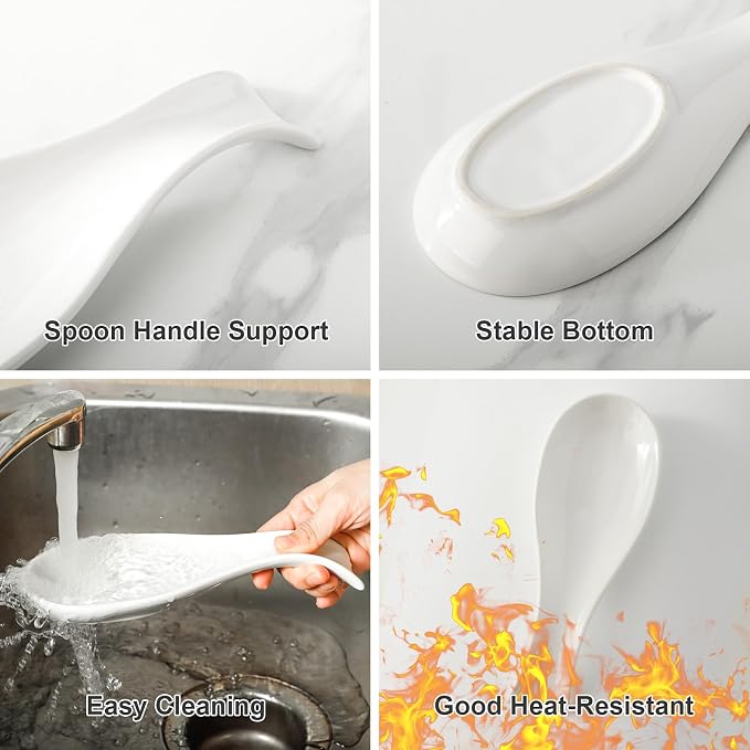 Hasense Spoon Rest for Stove Top, Cooking Spoon Holder for Kitchen Counter, Porcelain Dishwasher Safe Utensil Rest for Spatula, Ladle and Tong, Modern Classic Kitchen Coffee Bar Decor, White