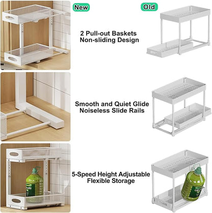 Under Sink Organizer, 2-Tier Pull Out Baskets, White | Rustproof carbon steel, 2 tier mesh sliding drawers, Height adjustable to bypass pipes, For kitchen, bathroom, laundry
