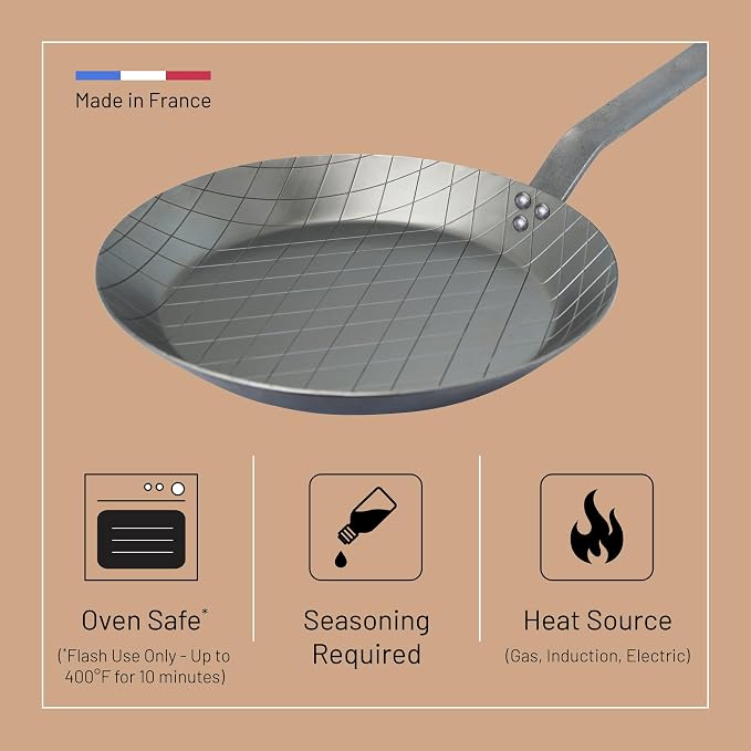 de Buyer MINERAL B Carbon Steel Steak Pan - 9.5” Diameter, 6.9” Cooking Surface - Ideal for Searing & Browning Meat - Naturally Non-Stick Finish - Made in France
