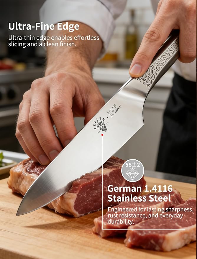 All Steel Chef Knife with Mirror Finish Blade, 8 inch German 1.4116 Steel Kitchen Knife, Anti-Slip Handle, Lightweight Cutting & Cooking Knife for Meat, BBQ & Daily Kitchen Use