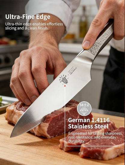 All Steel Chef Knife with Mirror Finish Blade, 8 inch German 1.4116 Steel Kitchen Knife, Anti-Slip Handle, Lightweight Cutting & Cooking Knife for Meat, BBQ & Daily Kitchen Use