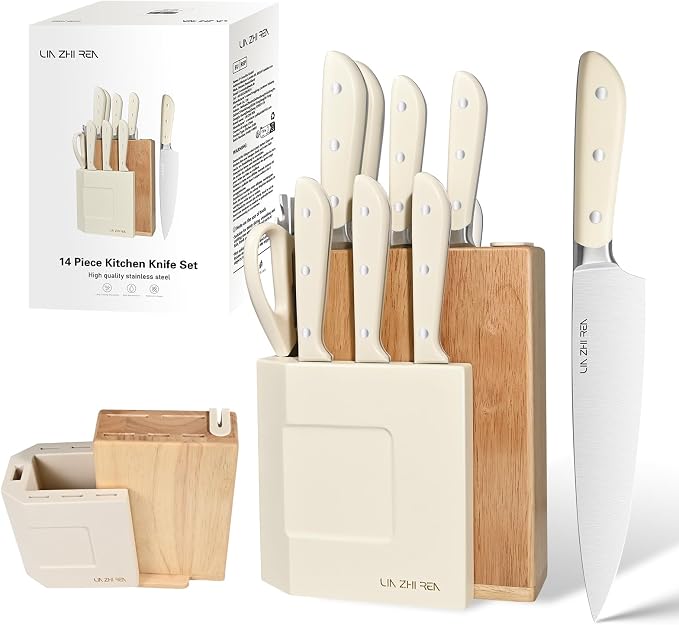 14-Piece Kitchen Knife Set with Detachable Block, High Carbon Stainless Steel Dishwasher Safe Knives, Includes Chef, Santoku, Bread, Steak Knives for Home Kitchen,White