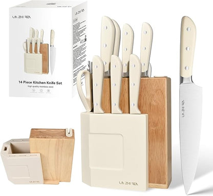 14-Piece Kitchen Knife Set with Detachable Block, High Carbon Stainless Steel Dishwasher Safe Knives, Includes Chef, Santoku, Bread, Steak Knives for Home Kitchen,White