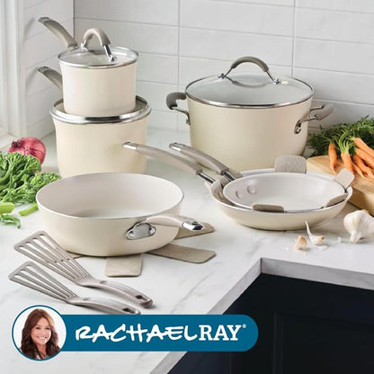 Rachael Ray Cucina Ceramic Nonstick Cookware Pots and Pans Set, 13-Piece, Almond
