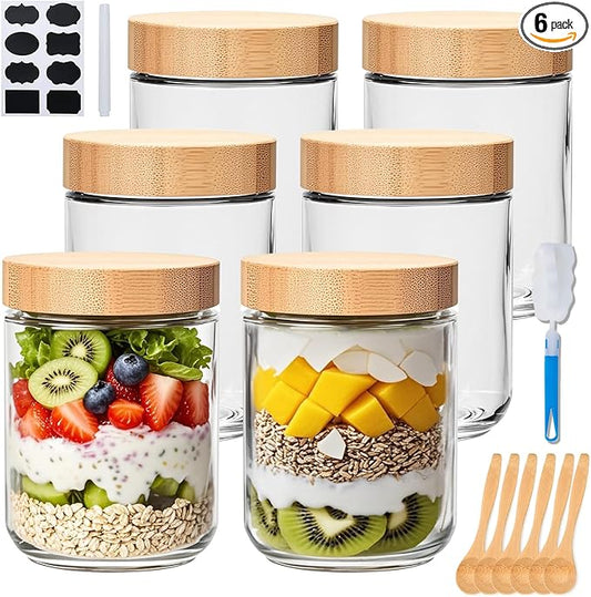 16oz Glass Jars with Lids, Overnight Oats Containers with Bamboo Lids, Wide Mouth Glass Mason Jar Food Storage Containers for Salad,Yogurt,Meal Prep,6 Pack