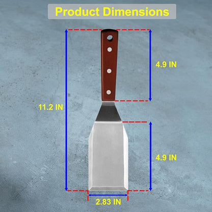 professional metal spatula Ideal for Cast Iron Skillets and Flat Top Grills, Full Tang Wooden Handle,1.8mm Thick Stainless Steel Blade, Perfect for Cooking, BBQ, Flipping Burgers, 5x3 inch