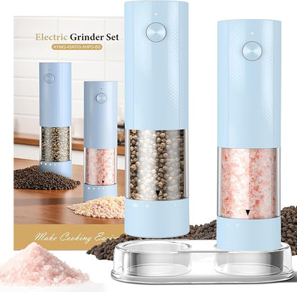 Electric Salt and Pepper Grinder Set - Rechargeable Automatic Salt and Pepper Shakers, Kitchen Appliances with External Adjustable Coarseness, Larger Hopper for Cooking, Home Gifts(2 Pack,Light Blue)