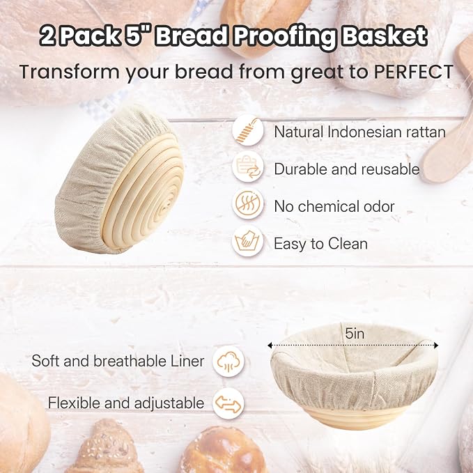 YONILL Mini Double Dutch Oven for Sourdough Bread Baking - Enameled Cast Iron Dutch Oven Pot with Lid and 5" Banneton Bread Proofing Basket Kit, Dual Round Bread Loaf Pan for Homemade Baking