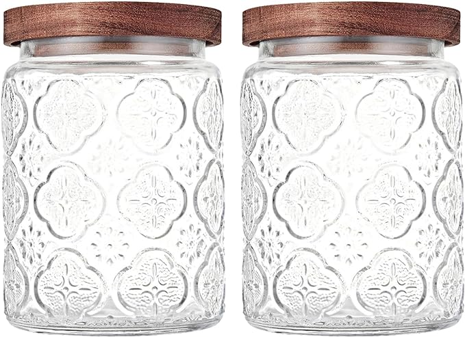 Custde Glass Storage Jars With Airtight Lid, 23.7oz Container For Kitchen Counter with Wooden Lid, brown sugar, candy, coffee, cookie, salt, tea, cute Jar (Begonia Flowers*2)