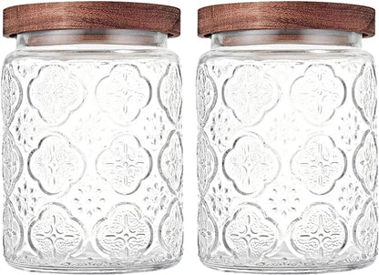 Custde Glass Storage Jars With Airtight Lid, 23.7oz Container For Kitchen Counter with Wooden Lid, brown sugar, candy, coffee, cookie, salt, tea, cute Jar (Begonia Flowers*2)