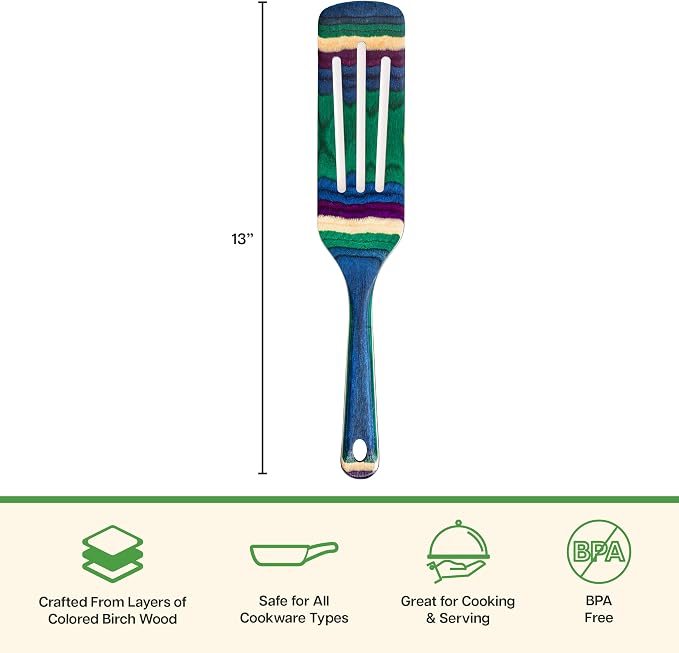 Baltique Mumbai Collection 13" Wooden Spurtle Spatula – Colorful Birch Wood Cooking Utensil, Nonstick Safe, Versatile Stirring & Serving Tool