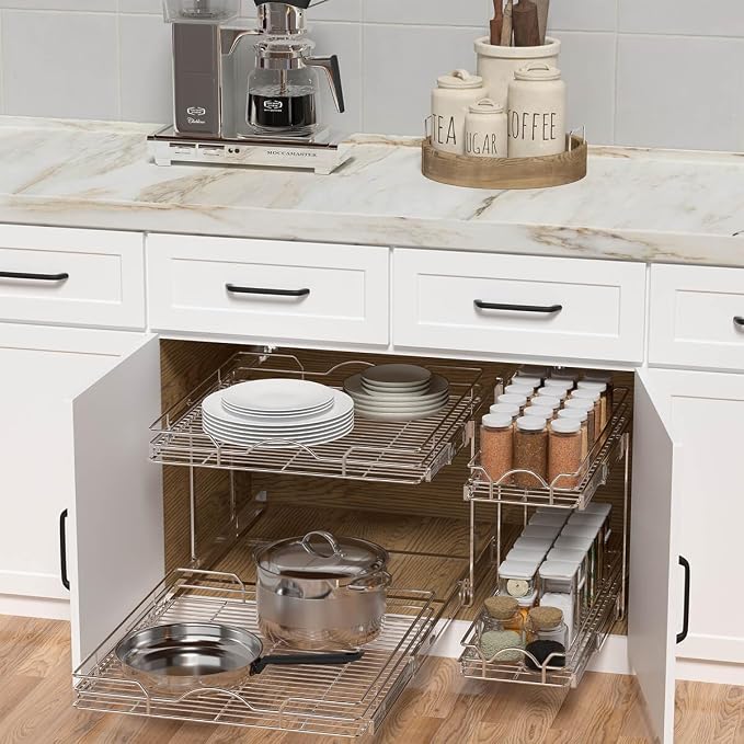 OCG 2 Tier Pull Out Cabinet Organizer (22.5" W x 21.5" D), Pull Out Drawers for Kitchen Cabinets, Pull Out Shelves for Base Cabinet Organization in Kitchen Bathroom Pantry, Chrome Finish