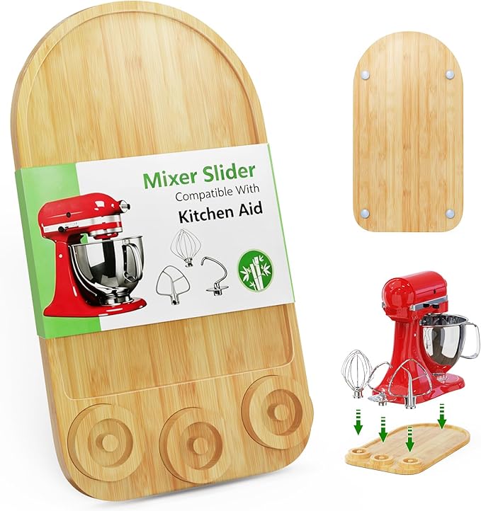 2-in-1 Mixer Sliding Mat with Attachment Storage for KitchenAid Stand Mixer, Bamboo Mixer Slider Pad for KitchenAid 4.5-5 Qt Tilt-Head Mixer, Easy Move & Protect Countertop, Hold 3 Mixer Attachments