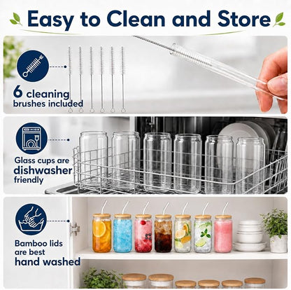 Glass Cups with Lids and Straws Set of 6, 16 oz Can Glasses with Bamboo Lids and Glass Straws, Iced Coffee Cups for Small Kitchens, Soda, Smoothies and Daily Drinks