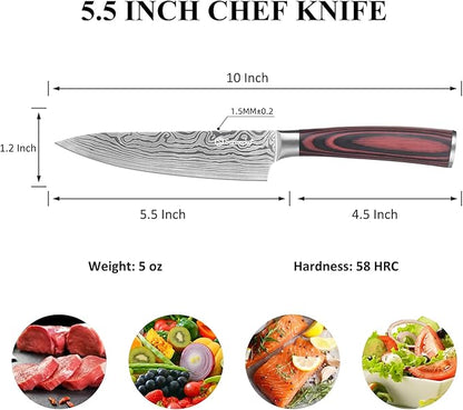 Sunnecko 5.5 Inch Small Chef Knife - Ultra Sharp 12-15 Degree Edge Kitchen Knife for Meat Vegetable Cutting Japanese Style with Sheath, High Carbon Stainless Steel Blade, Cooking Father Day Gift