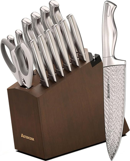 Astercook Knife Set, 15-Piece Kitchen Knife Sets with Built-in Sharpener Block, German High Carbon Stainless Steel Knives, Dishwasher Safe, Ergonomic Full-Tang Handle, Perfect Holiday Gifts