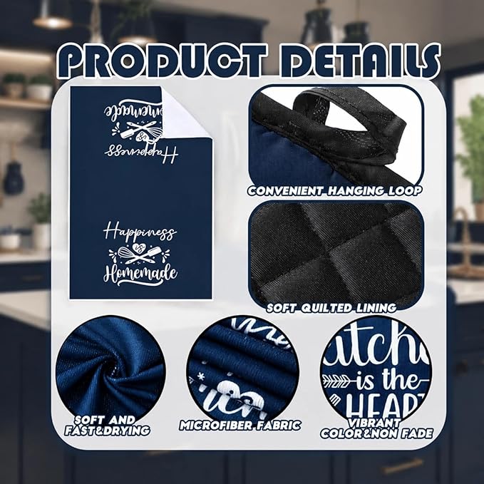 Sratte 6 Pcs Kitchen Decor Accessories Set Farmhouse Towels Pot Holders Oven Mitts Set 2 Dish Towels 2 Potholders 2 Cooking Mittens Oven Glove for Christmas Baking Cooking Supply(Blue,Kitchen)