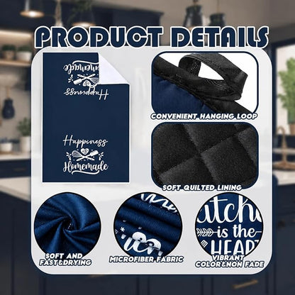 Sratte 6 Pcs Kitchen Decor Accessories Set Farmhouse Towels Pot Holders Oven Mitts Set 2 Dish Towels 2 Potholders 2 Cooking Mittens Oven Glove for Christmas Baking Cooking Supply(Blue,Kitchen)