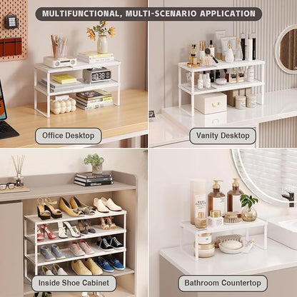 Magheo Expandable Cabinet Shelf Organizer, 2 Pack Stackable Kitchen Counter Shelf Riser, Metal Spice Rack Heavy Duty Countertop Organizer Storage for Kitchen, Pantry, Cupboard, Rv (5.9in Height,White)