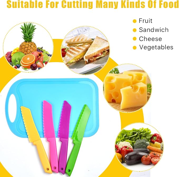 20 Pcs Kids Knife Set with Cutting Board, Plastic Child Safe Knives for Real Cooking Serrated Edges Toddler Knife Children Chopping Board, Kid Cutting Utensils for Fruit, Bread, Lettuce