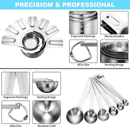 AIKEXIN 20 PCS Measuring Cups & Spoons Set, for Cooking & Baking Gadgets | 18/10 Stainless Steel Metal, Nesting Stackable Design, Dry & Liquid, Plastic Liquids, Leveler Conversion Chart