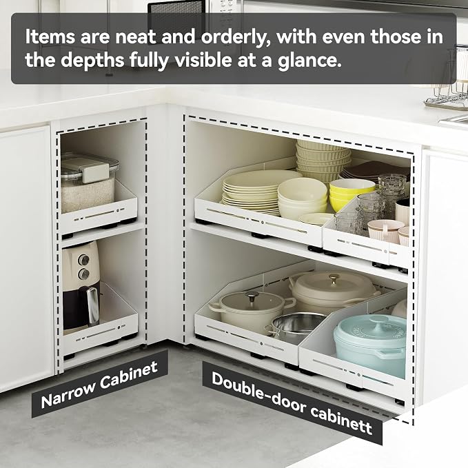 Pull out Cabinet Organizer Raised Side Walls for Safer Storage - Zero-Drill Installation, 4-Way Expansion, Modern Design for Kitchen & Pantry Depth (12.5"-17.7") & Width (12.5"-21.45")