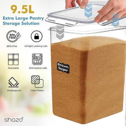 Shazo 2 PC (9.5L | 321 Oz) Extra Large Bulk Food Storage Containers with Airtight Lids for Flour, Sugar, Rice, Cereal & Pasta - Leakproof, BPA-Free Plastic Canisters for Kitchen & Pantry Organization