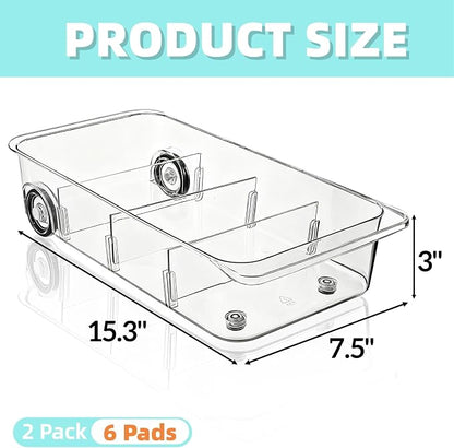 2 Pack Refrigerator Organizer Bin with Wheels, Roll Out Pantry Storage with Dividers, Clear Plastic Refrigerator Drawer, Upgrade Thick Fridge Caddy for Under Sink, Kitchen Organization