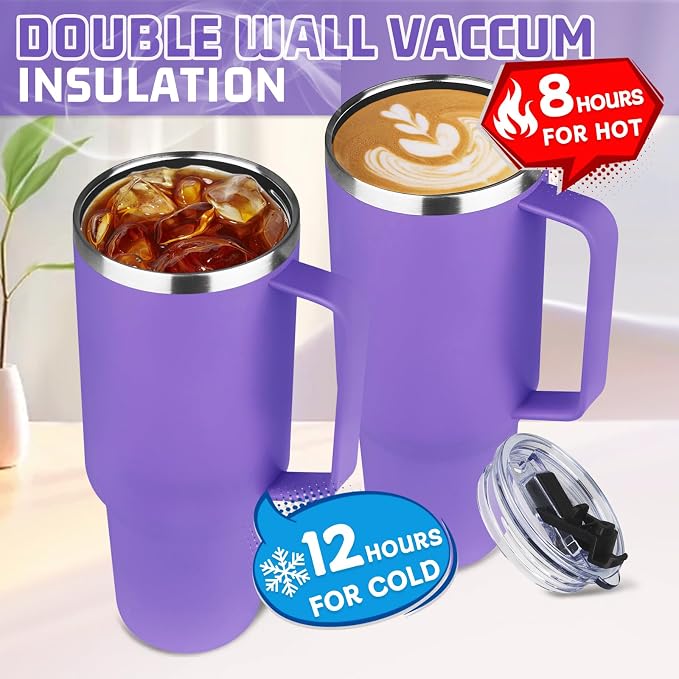 40 oz Tumbler with Handle and Flip Straw, 100% Leakproof Insulated Tumbler with Lid and Straw, Stainless Steel Travel Coffee Mug, Insulated Coffee Thermal Cup for Cold and Hot (Purple)