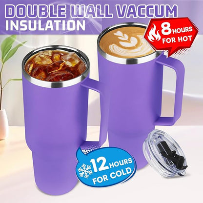 40 oz Tumbler with Handle and Flip Straw, 100% Leakproof Insulated Tumbler with Lid and Straw, Stainless Steel Travel Coffee Mug, Insulated Coffee Thermal Cup for Cold and Hot (Purple)