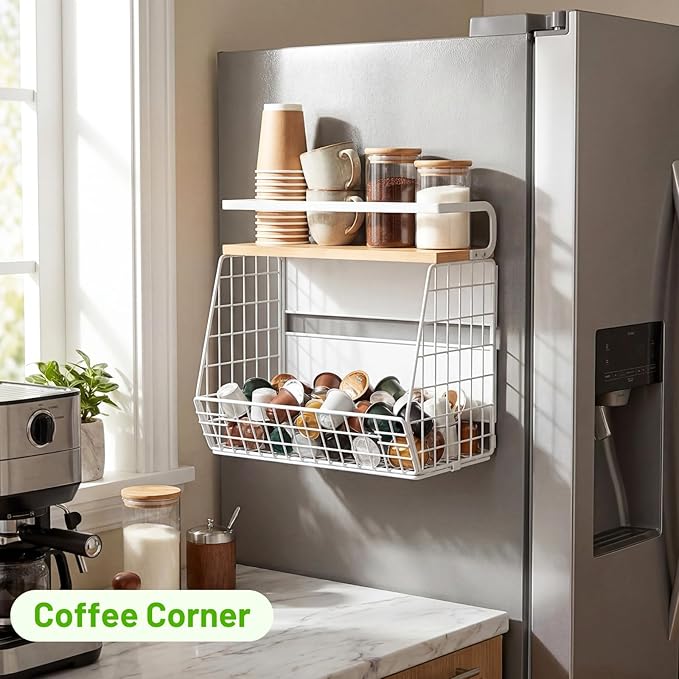 Ofiray-home Magnetic Fridge Shelf with Wood Lid, Fruit Potato Onion Storage Bins, Pantry Organizers, Large Container Spice Rack for Refrigerator, Kitchen Counter, Cabinet (2, White)