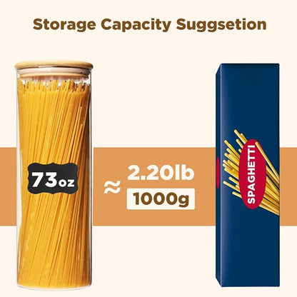 SHOWIN 73oz Glass Pasta Storage Jars, Tall Glass Jars with Bamboo Lids, Spaghetti Container, Set of 3, Kitchen Storage Containers for Pasta, Pantry Organizers