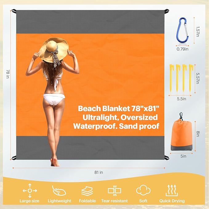 EASYFUN Beach Blanket Sandproof Oversized, 79''×83'' Extra Large Beach Mat, Portable Picnic Mat for Travel Camping Hiking, Lightweight Beach Essentials Family Water Resistant Mat