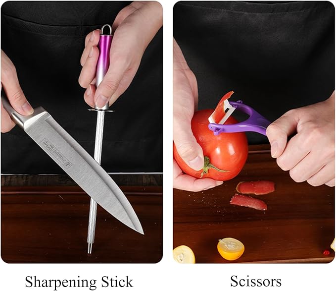 Elegant Purple 9-Piece Kitchen Knife Set with Acrylic Block,Non Stick Sharp Stainless Steel Chef Knives with Sharpener,Gift Ready Cutlery Set for Women