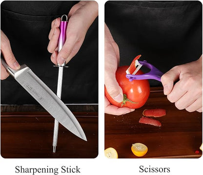 Elegant Purple 9-Piece Kitchen Knife Set with Acrylic Block,Non Stick Sharp Stainless Steel Chef Knives with Sharpener,Gift Ready Cutlery Set for Women