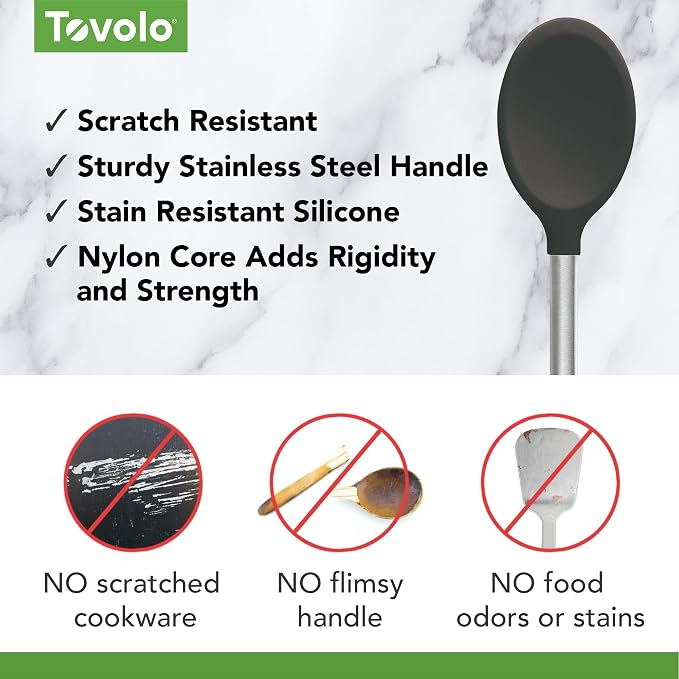 Tovolo Mixing Spoon Stainless Steel Handle Scratch Resistant Non Stick Safe Kitchen Utensil for Cooking Baking Serving Stirring, Heat Resistant Silicone Stirring Spoon with Metal Handle Charcoal Gray
