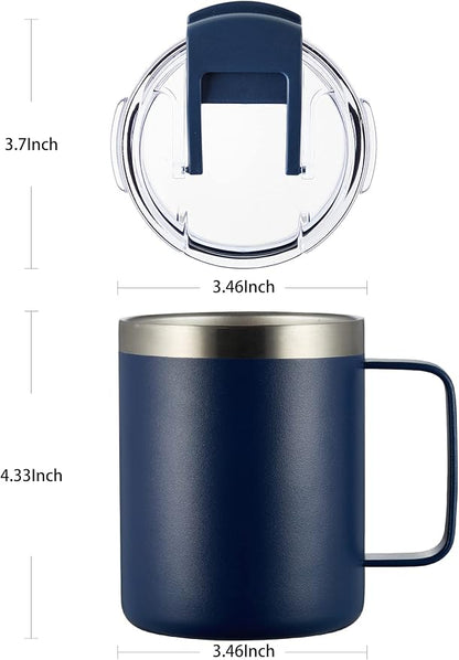 12oz Stainless Steel Insulated Coffee Mug with Handle, Double Wall Vacuum Tumbler Cup with Fliping Lid, Navy, 4 Pack
