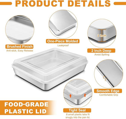Stainless Steel Baking Pan with Lid, 12⅓ x 9¾ x 2 Inch Deep Rectangle Cake Pans with Cover for Cakes, Brownies, Cookies, Deep Side & Heavy Duty,Dishwasher & Fridge & Oven Safe(2 Pans + 2 Lids)