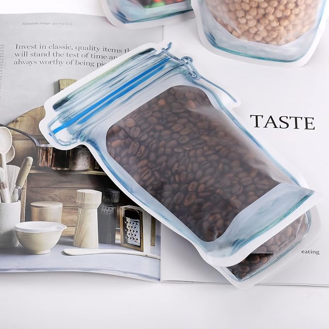 Jucoan 50 Pack Mason Jar Bags, Reusable Mason Jar Zip Snack Bags, Airtight Leakproof Resealable Plastic Food Storage Saver Bags Stand Up Pounches for Spices, Snacks, Camping RV