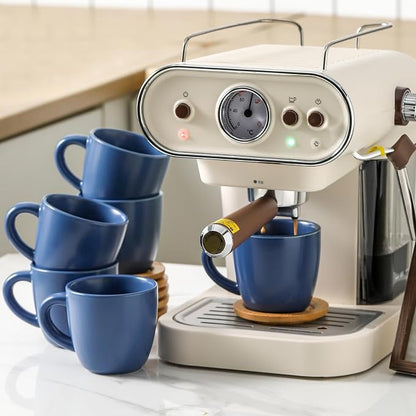 HASENSE 8 OZ Cappuccino Cups with Saucers, Ceramic Espresso Cups Set of 6, Coffee Cup with Handle for Double Shot, Latte, Mocha, Espresso Cups for Home and Office,Blue