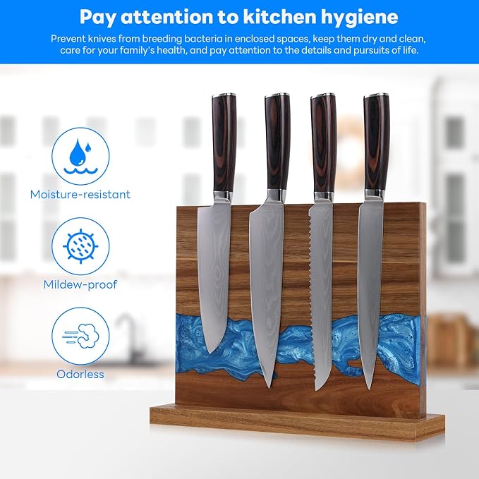 Magnetic Knife Block | Double Sided Magnetic Knife Holder | Acacia Wood Magnetic Knife Rack | Magnetic Knife Storage Stand for Kitchen Counter, Blue Resin River, 12.59×9.84IN (No Knife)