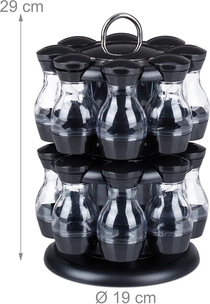 Relaxdays, Black/Silver Spice Carousel 16 Spice Jars Spice Rack 360° Rotatable H x D 29 x 19 cm Plastic